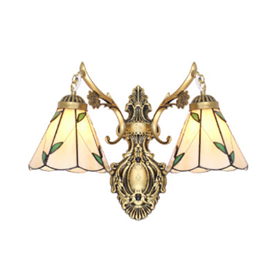 Frendorf | Blatt Wandbeleuchtung Vintage Traditionelles Buntglas 2 Köpfe Wandmontage Licht in Weiß/Antikmessing für Schlafzimmer