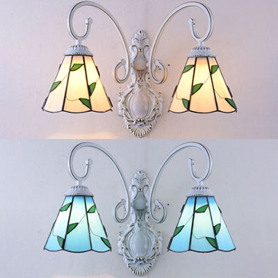 Frendorf | Scalloped Wandlamp Licht met Bladerenpatroon 2 Lichten Gekleurd Glas Loft Wandverlichting in Blauw/Beige