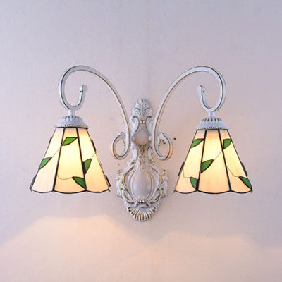 Frendorf | Scalloped Wandlamp Licht met Bladerenpatroon 2 Lichten Gekleurd Glas Loft Wandverlichting in Blauw/Beige