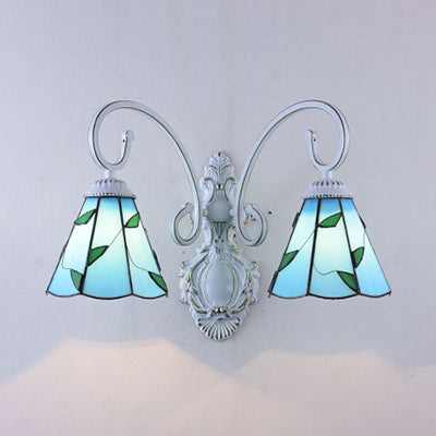 Frendorf | Scalloped Wandlamp Licht met Bladerenpatroon 2 Lichten Gekleurd Glas Loft Wandverlichting in Blauw/Beige