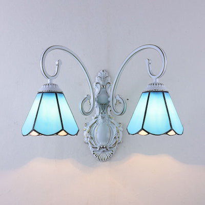 Frendorf | Vintage Retro Cone Wandverlichting Gevernist Glas 2 Koppelingen Wandlamp Fixture in Wit/Blauw voor Slaapkamer