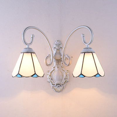 Frendorf | Vintage Retro Cone Wandverlichting Gevernist Glas 2 Koppelingen Wandlamp Fixture in Wit/Blauw voor Slaapkamer