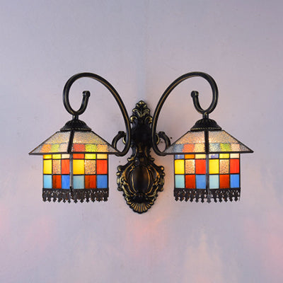 Frendorf | Lodge Style House Wandleuchte Lampen Buntglas 2 Köpfe Wandlicht in Weiß/Antik Bronze für Esszimmer