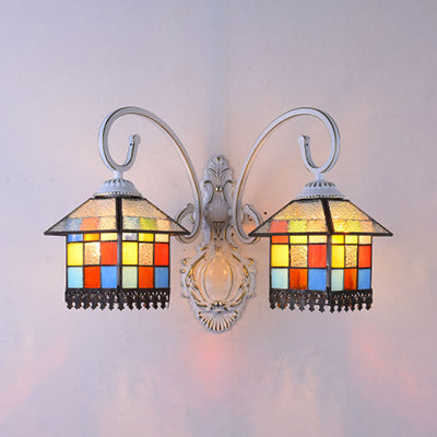Frendorf | Lodge Style House Wandleuchte Lampen Buntglas 2 Köpfe Wandlicht in Weiß/Antik Bronze für Esszimmer