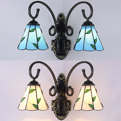 Frendorf | Glas-in-lood Blad Wandlamp Landelijke Stijl 2 Lichten Wandmontage Lamp in Blauw/Beige voor Eetkamer