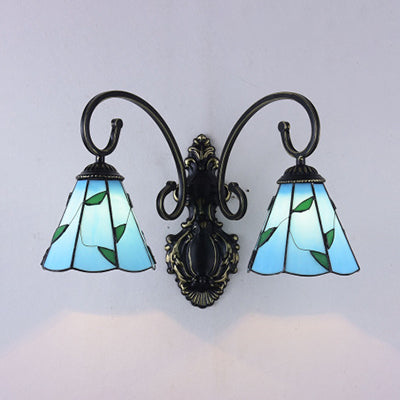 Frendorf | Glas-in-lood Blad Wandlamp Landelijke Stijl 2 Lichten Wandmontage Lamp in Blauw/Beige voor Eetkamer