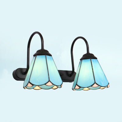 Frendorf | Schwarzes 2 Köpfe Wandlicht Vanity Tiffany Weiß/Blaue Glas-Kegel Wandleuchte für Schlafzimmer