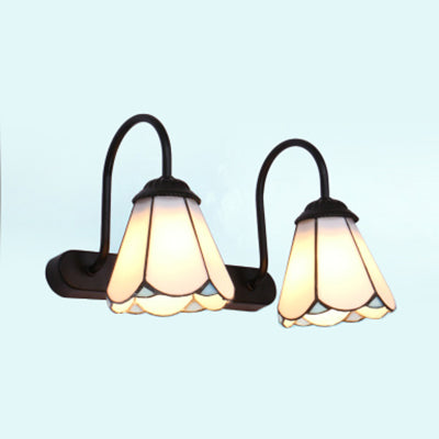 Frendorf | Schwarzes 2 Köpfe Wandlicht Vanity Tiffany Weiß/Blaue Glas-Kegel Wandleuchte für Schlafzimmer