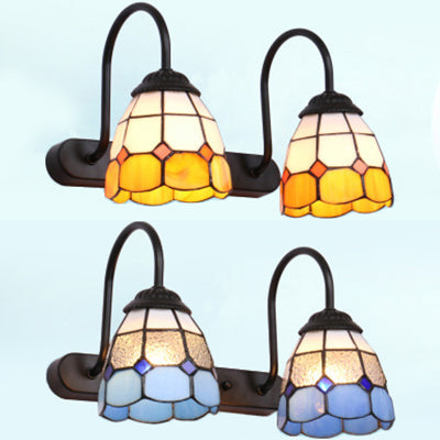 Frendorf | 2 Köpfe Gittermuster Vanity Beleuchtung Barock Blau/Gelb Glas Wandmontage Leuchten