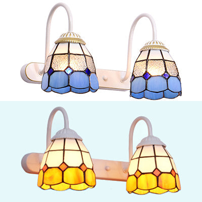 Frendorf | Ruitpatroon Vanity Sconce Licht Tiffany Geel/Blauw Glas Witte Wandmontage Lichtarmatuur