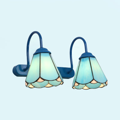 Tiffany konische Armatur mit 2 Köpfen Weiße/Blaue Glas Wandmontierte Leuchte für Badezimmer