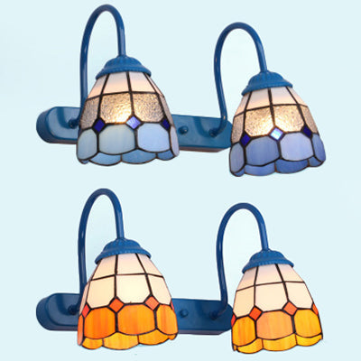 Frendorf | Dome Wandleuchte 2 Köpfe Blau/Gelb Glas Tiffany Schminklicht für Badezimmer