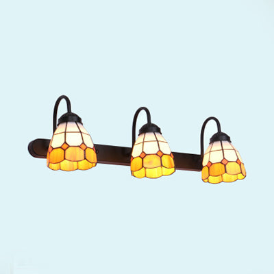 Frendorf | Ruitpatroon Vanity Verlichting Tiffany Blauw/Gele Glas 3 Koppen Antiek Messing Wandgemonteerde Lamp