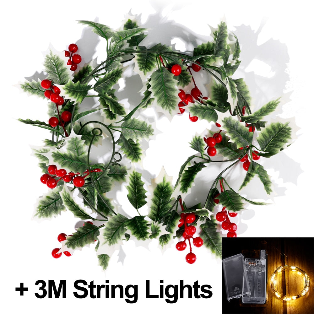 2M LED Weihnachtsgirlande Lichterketten künstliche rote Beeren Stechpalme Blätter Efeu Weinrebe für Weihnachtsbaum Ornament Heimdekoration
