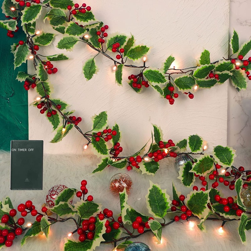 2M LED Weihnachtsgirlande Lichterketten künstliche rote Beeren Stechpalme Blätter Efeu Weinrebe für Weihnachtsbaum Ornament Heimdekoration