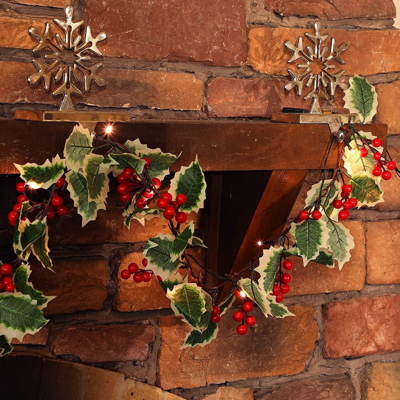 2M LED Weihnachtsgirlande Lichterketten künstliche rote Beeren Stechpalme Blätter Efeu Weinrebe für Weihnachtsbaum Ornament Heimdekoration