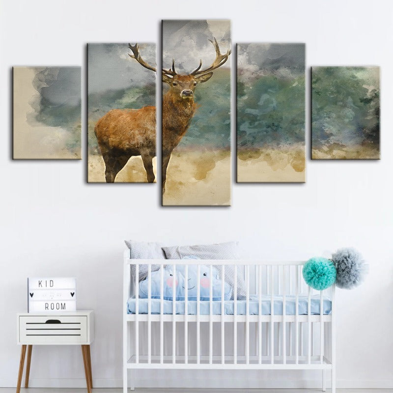 5-teiliges Aquarell-Ebenholz-Reh - Leinwand Wandkunst Gemälde