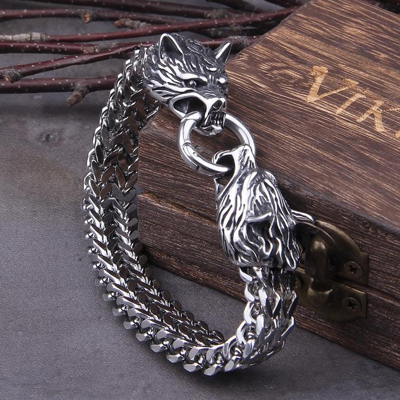 Frendorf | Viking Edelstahl Doppelwolfkopf Fenrir Armband