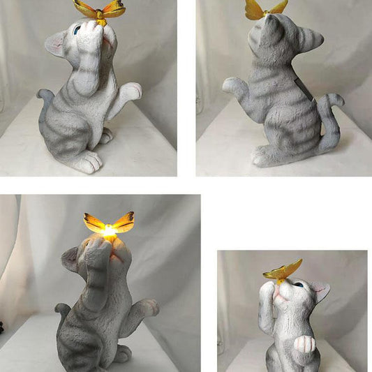 Frendorf | SolarPurr Gartenleuchte | LED-Katzenfigur mit Schmetterling | Solarbetrieben | Wetterfest | Dekoration für Außenbereiche