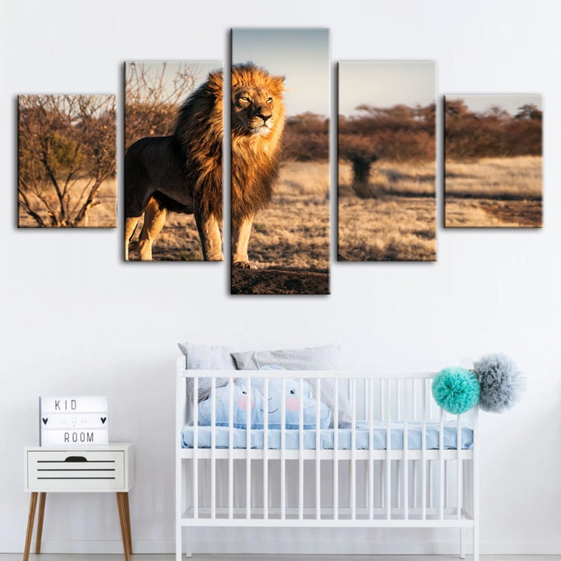 5-teiliges majestätisches Löwenmotiv im Sonnenlicht - Leinwand Wandkunstgemälde