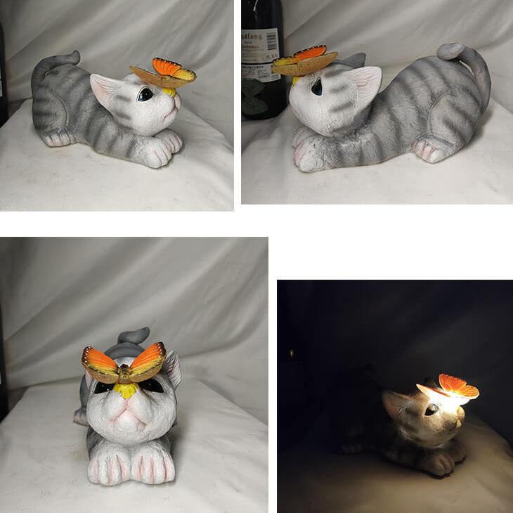 Frendorf | SolarPurr Gartenleuchte | LED-Katzenfigur mit Schmetterling | Solarbetrieben | Wetterfest | Dekoration für Außenbereiche