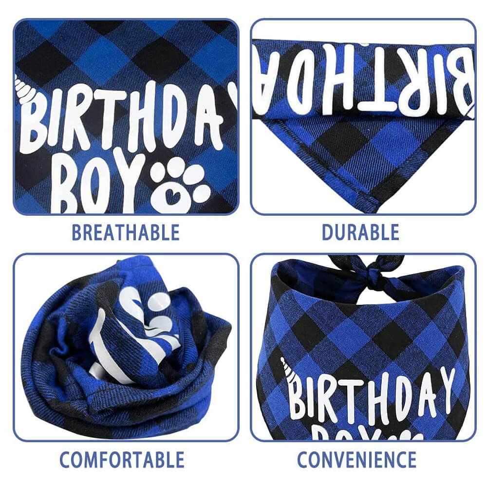 Hund Geburtstag Junge & Mädchen Partysatz - Blaue Karierte Bandana und Hut mit Zahlenstickern