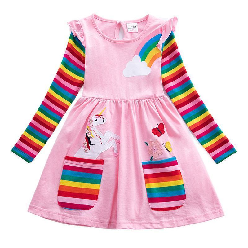 Frendorf | Mädchen Einhorn-Regenbogen-Streifen Kleid