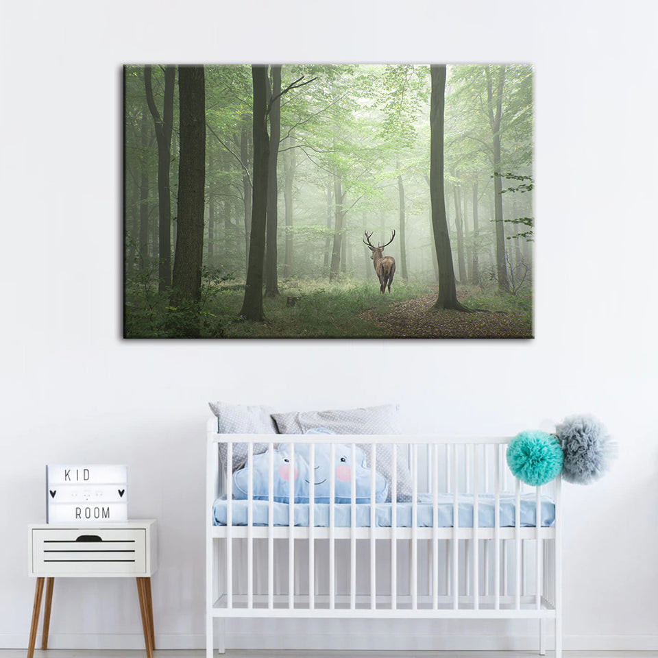 Misty Mystical Deer In The Woods - Leinwand Wandkunst Malerei