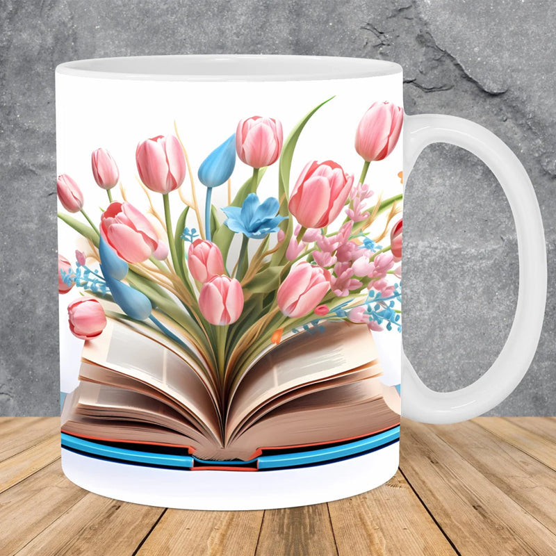 Frendorf | 3D Künstlerisch Schöne Florale Bücher Kaffeetasse - Geschenk für Bücherliebhaber