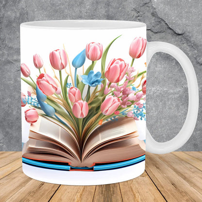 Frendorf | 3D Künstlerisch Schöne Florale Bücher Kaffeetasse - Geschenk für Bücherliebhaber