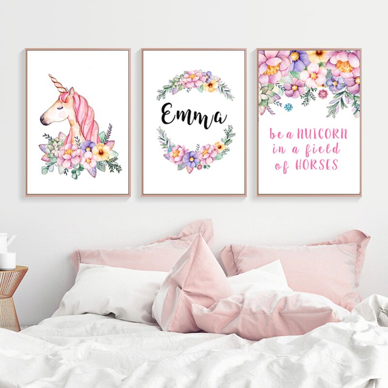 Modern Pink Cartoon Kinderzimmer Dekor Anpassbarer Name - Leinwand Wandkunst Malerei