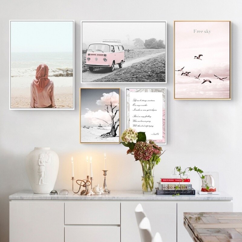 Pink Seascape Bus Healing Girl - Leinwand Wandkunst Malerei
