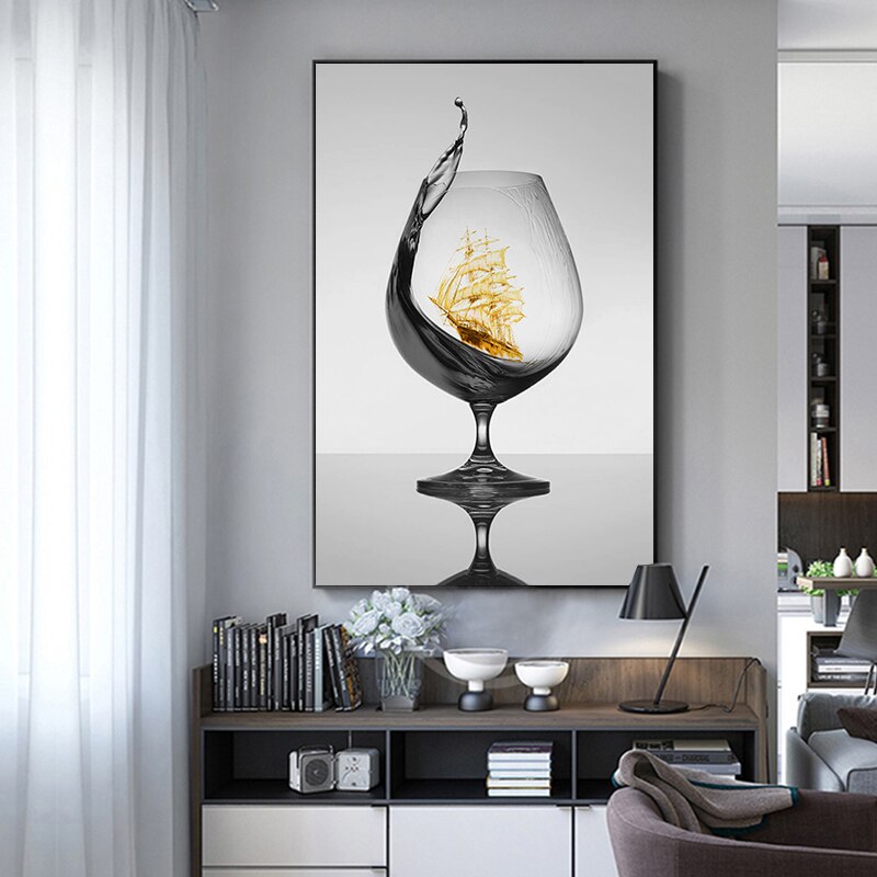 Schwarzes Weinglas mit Boot-Wandkunst - Leinwand-Wandbild