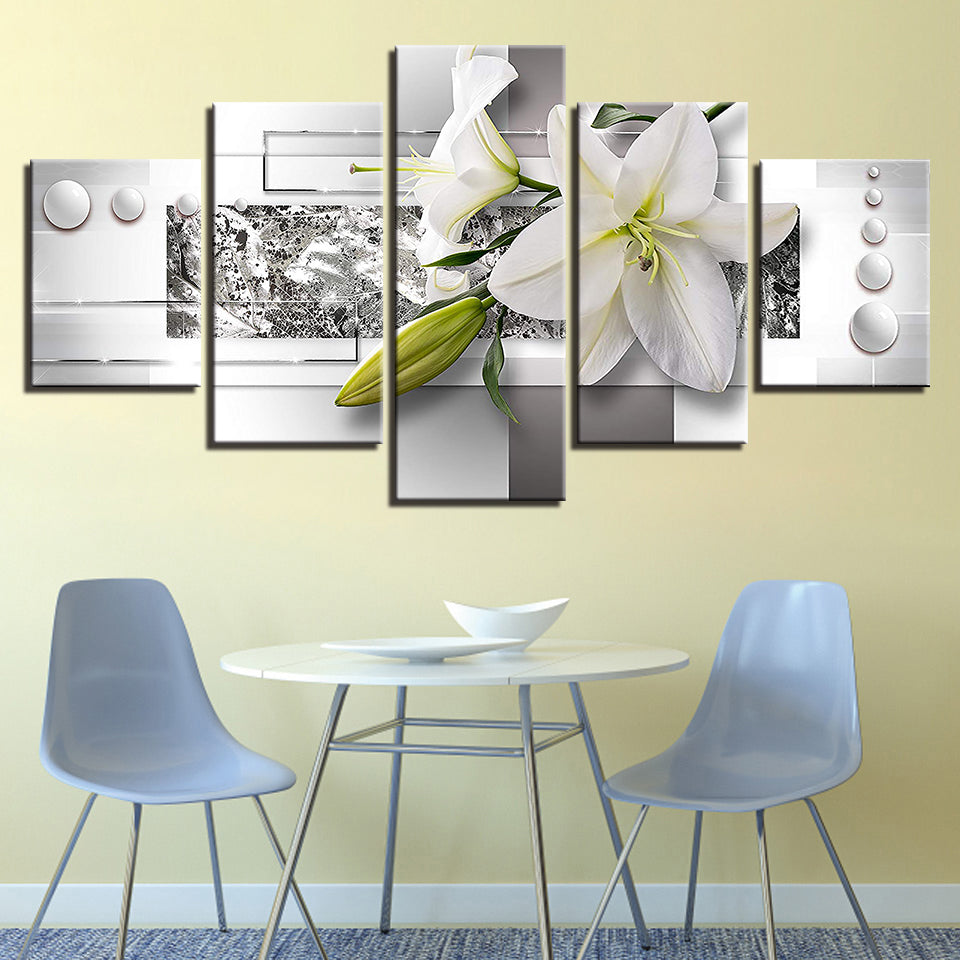 Silberweiße Lilien 5-Teilig - Leinwand Wandkunst Malerei