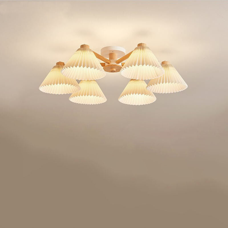 Frendorf | LumiPlea Nordic Holz Deckenleuchte | Plissee-Schirm | 3/6/8-Licht Halbrunde Deckenlampe