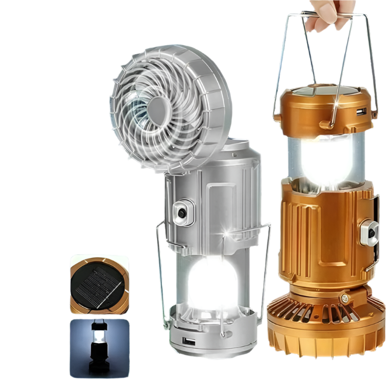 Frendorf | SolarBreeze LED Campinglaterne – Zusammenklappbares Licht mit Eingebautem Ventilator und USB-Wiederaufladbarem Strom