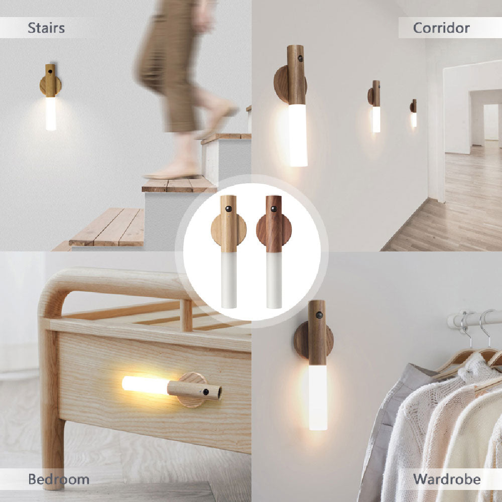 Frendorf | Smarte Aufladbare Holz LED Wandleuchten Magneticsh Kabellos Abnehmbar Nachlicht Flurlicht Treppenlicht Wandlampe Regalleuchte USB Bewegungssensor