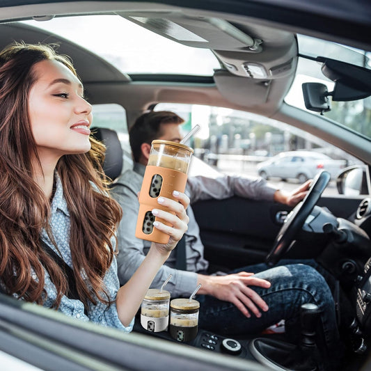 Frendorf | 32Oz Trinkglas Tumbler mit Bambusdeckel und Strohhalm - Silikonhülle - Passt in den Getränkehalter im Auto - Wiederverwendbarer Boba-Smoothie-Becher, auslaufsichere Reisewasserflasche, Iced Coffee Tumbler, BPA-frei - Amber.