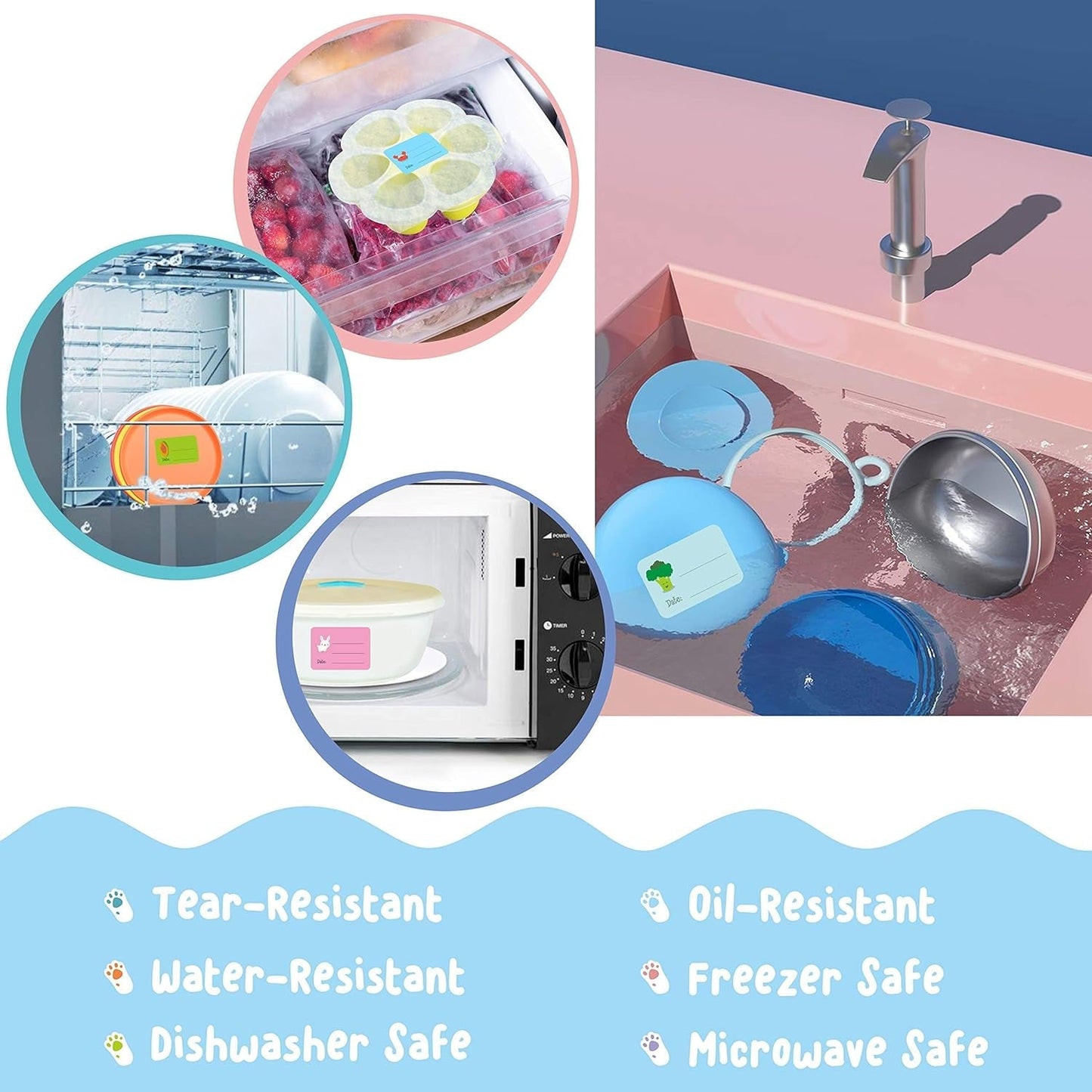 Frendorf | 240 PCS Baby Lebensmittel Etiketten Set in 2 Größen und 45 Designs Wasserfest für Lebensmittelbehälter, Gläser
