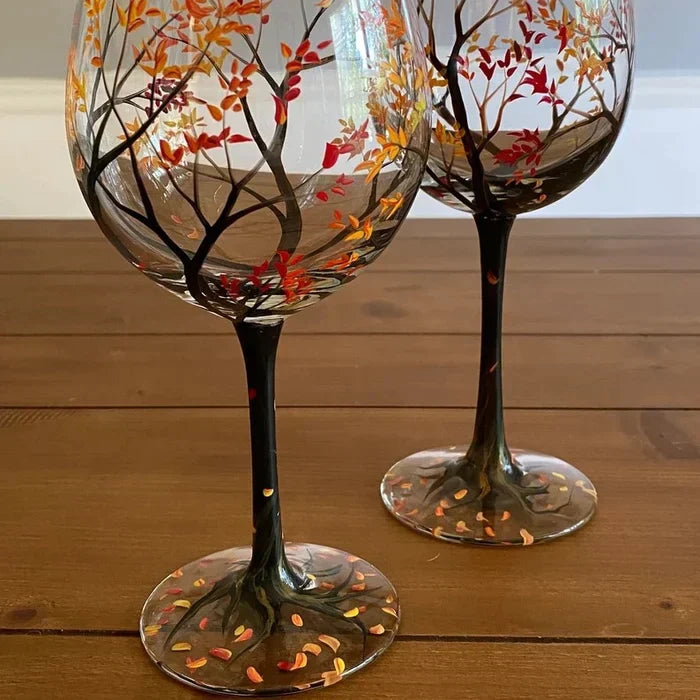 Frendorf | Vier Jahreszeiten Baum Weingläser - Hand gemalt Kunst