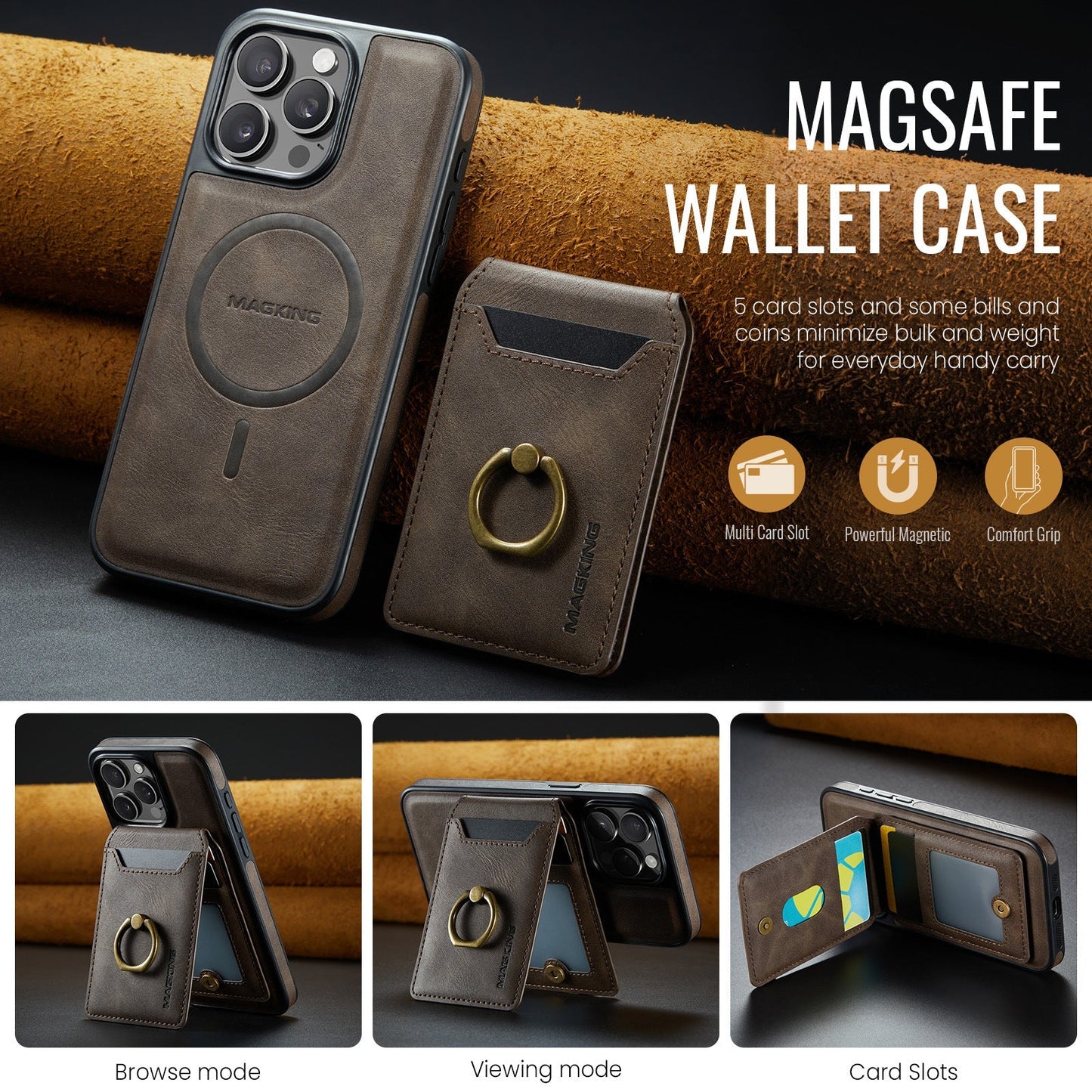 Frendorf | 2 in 1 abnehmbares Kartenetui magnetisches Wallet Lederhülle mit Ringhalter für iPhone