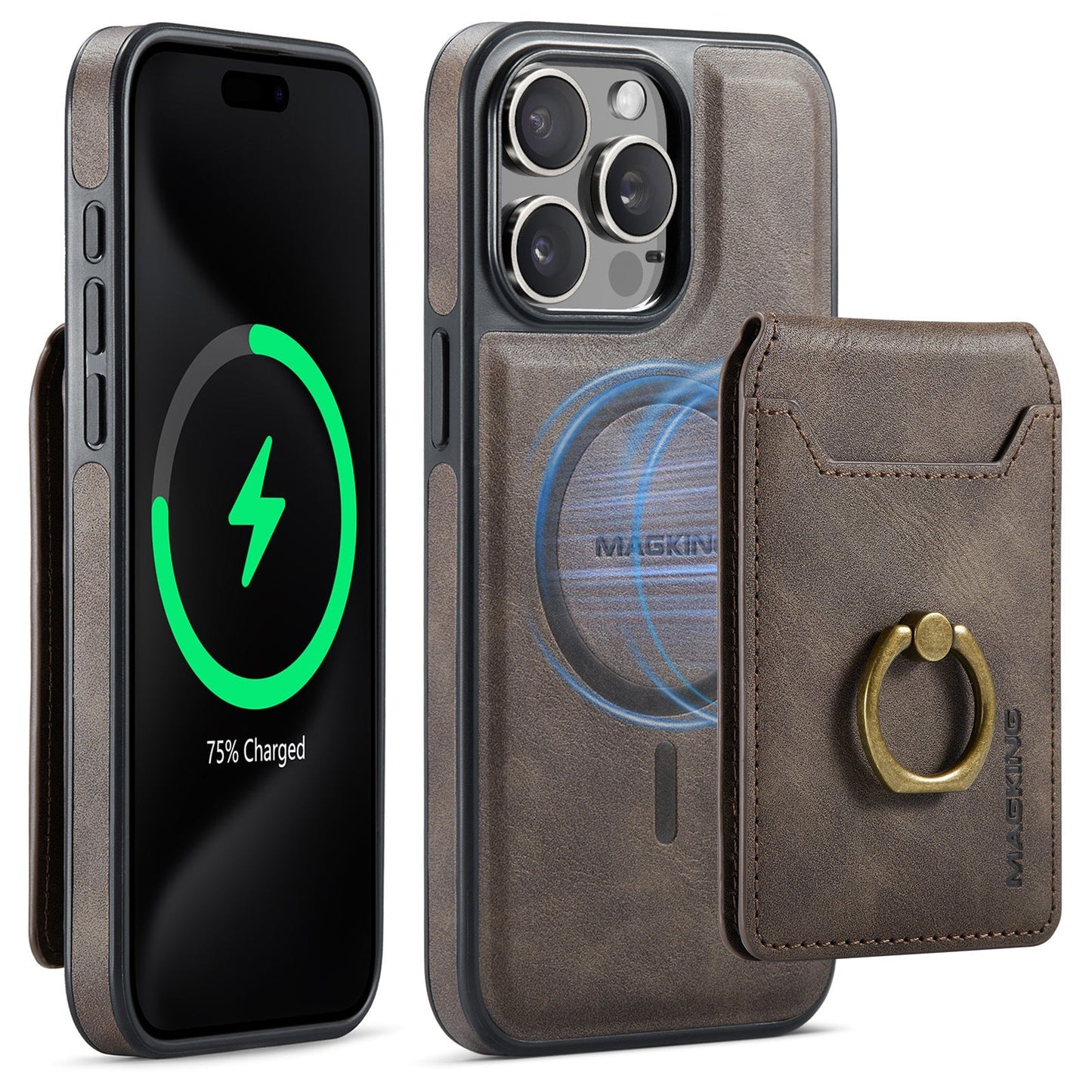 Frendorf | 2 in 1 abnehmbares Kartenetui magnetisches Wallet Lederhülle mit Ringhalter für iPhone