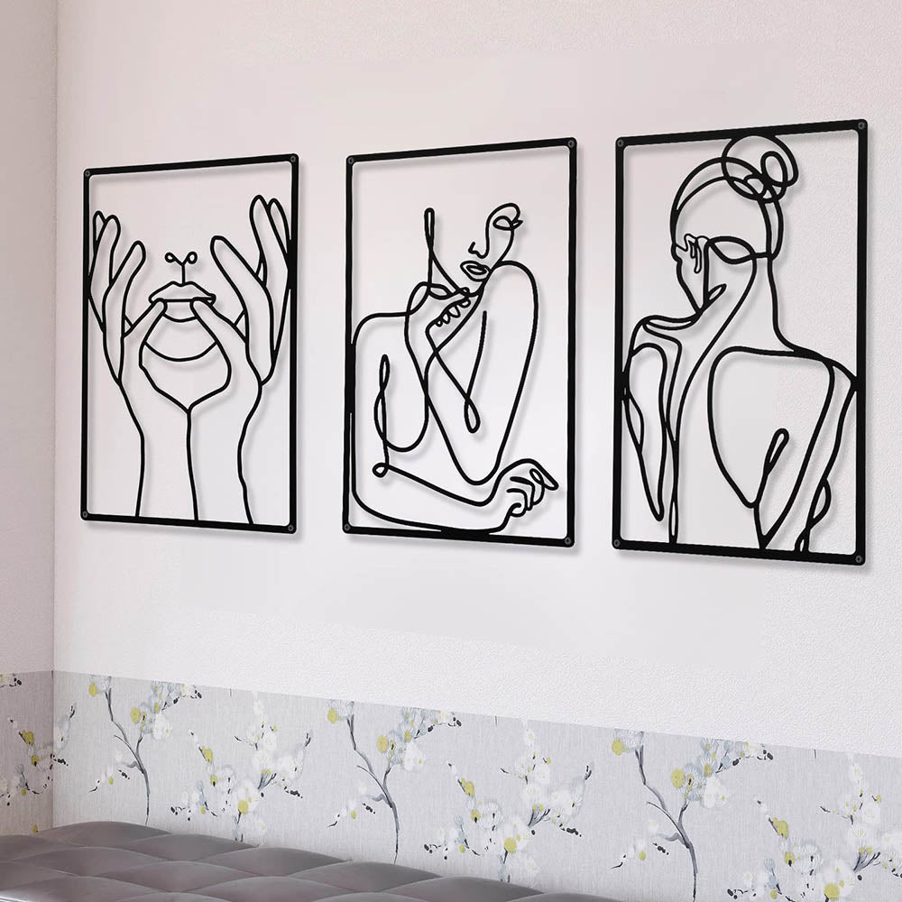 3-teiliges Set Minimalistische Abstrakte Frauenform Metallzeichen Nordic Style Wandkunst Wohn- und Schlafzimmer Dekor Schwarze Ausschnittdekoration