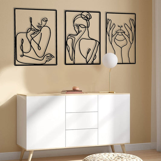 3-teiliges Set Minimalistische Abstrakte Frauenform Metallzeichen Nordic Style Wandkunst Wohn- und Schlafzimmer Dekor Schwarze Ausschnittdekoration
