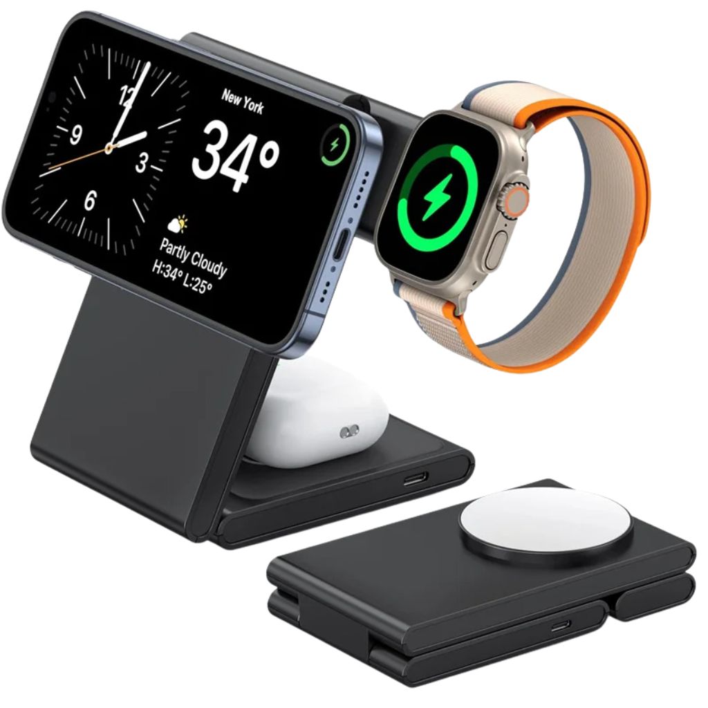 Frendorf | 3-in-1 Kompaktladegerät – Kabelloses Ladegerät für iPhone, Apple Watch und AirPods