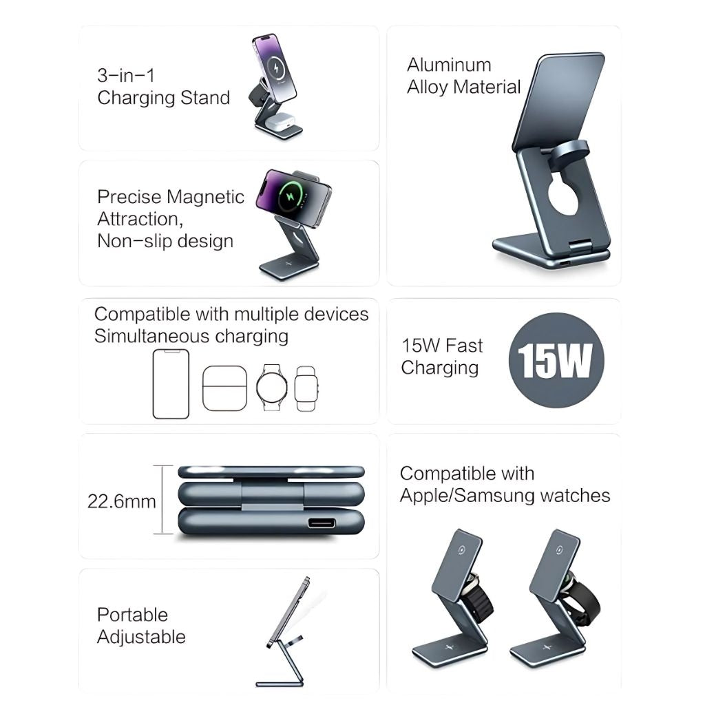 Frendorf | 3-in-1 Faltbare Drahtlose Ladestation – Reisefreundliches Ladegerät für Apple Geräte