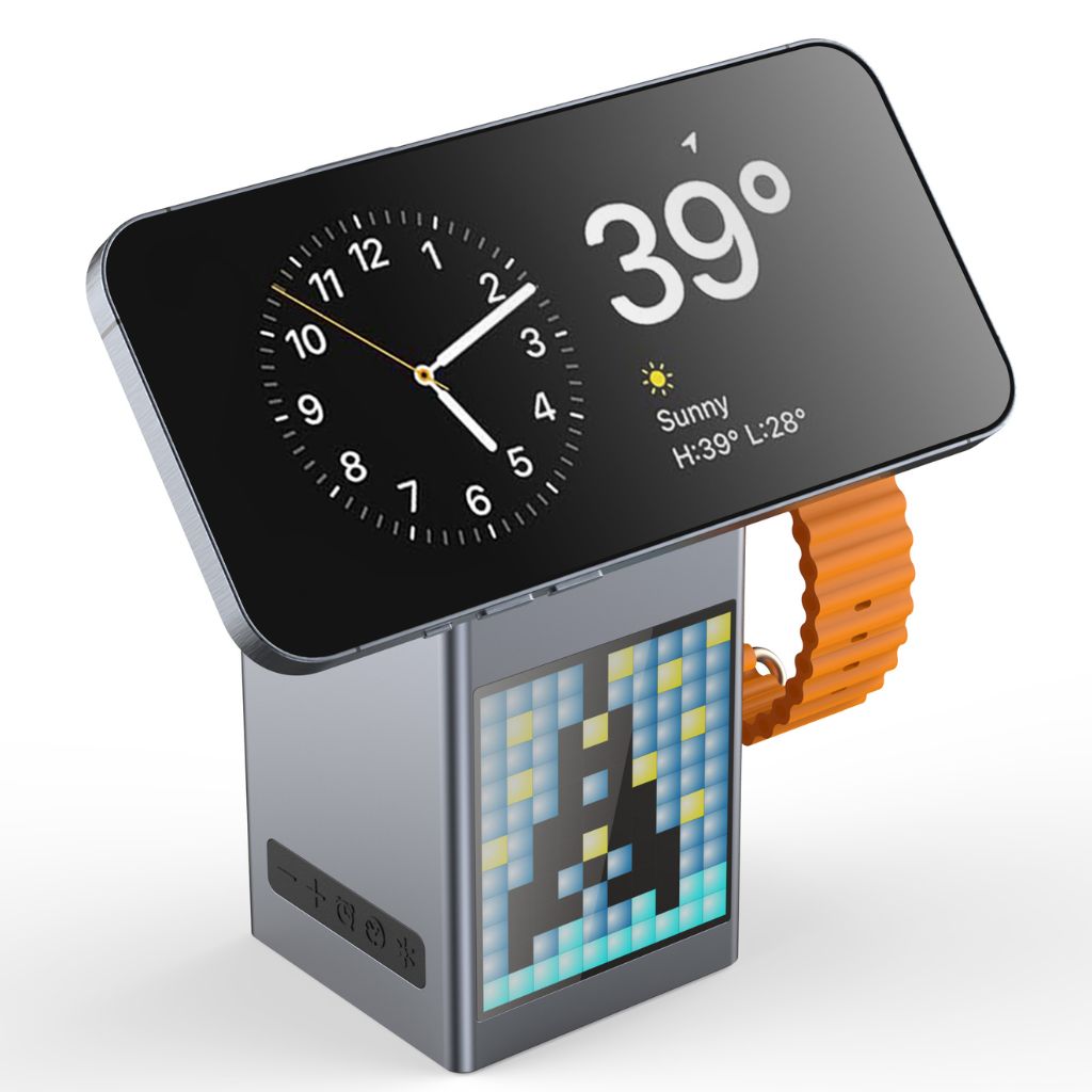 Frendorf | 3 in 1 Magnetisches Ladegerät mit Wecker & Bluetooth Lautsprecher für Apple