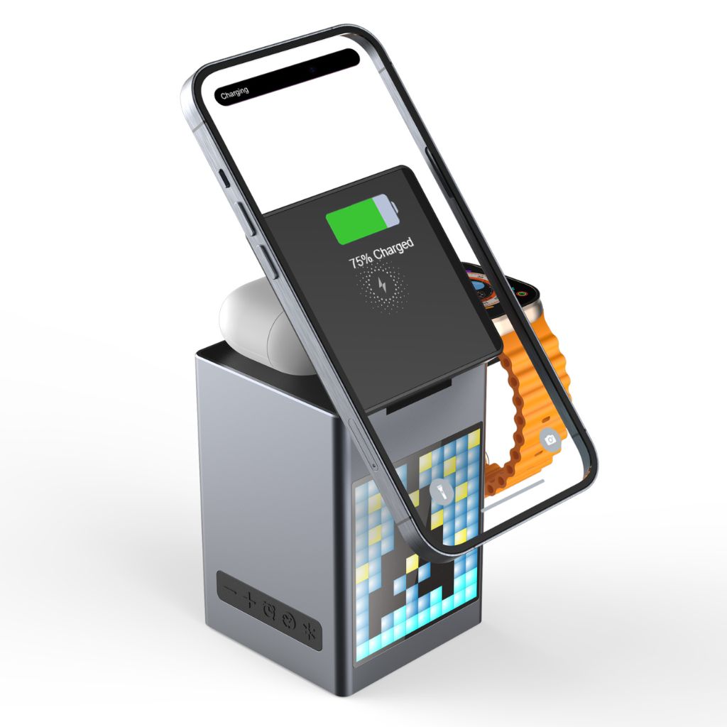 Frendorf | 3 in 1 Magnetischer Ladegerät mit Wecker & Bluetooth-Lautsprecher für Apple