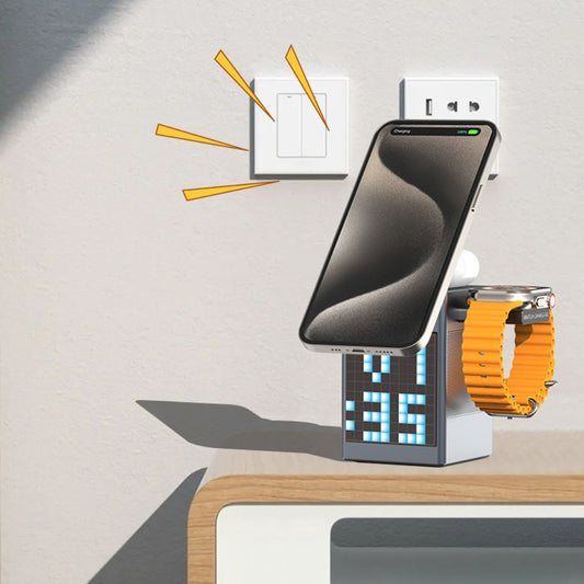 Frendorf | 3 in 1 Magnetisches Ladegerät mit Wecker & Bluetooth Lautsprecher für Apple