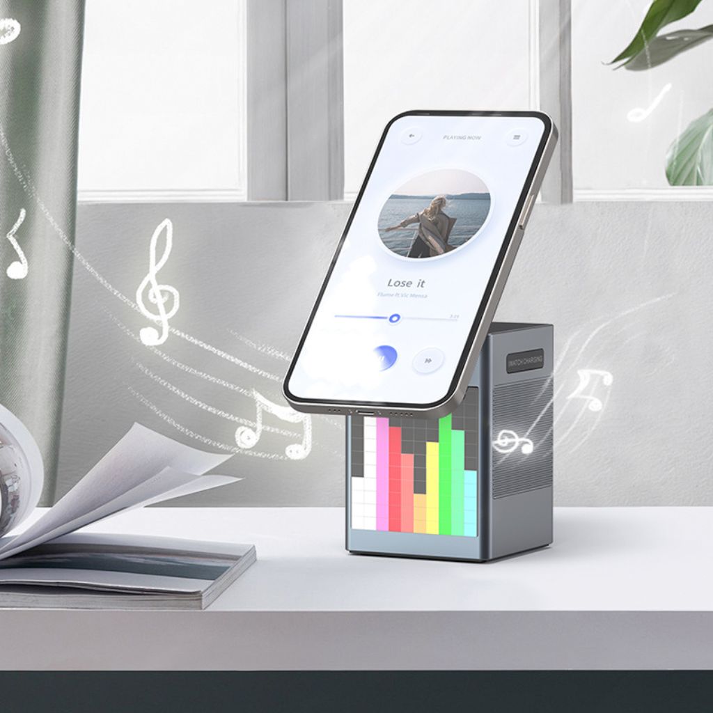 Frendorf | 3 in 1 Magnetischer Ladegerät mit Wecker & Bluetooth-Lautsprecher für Apple